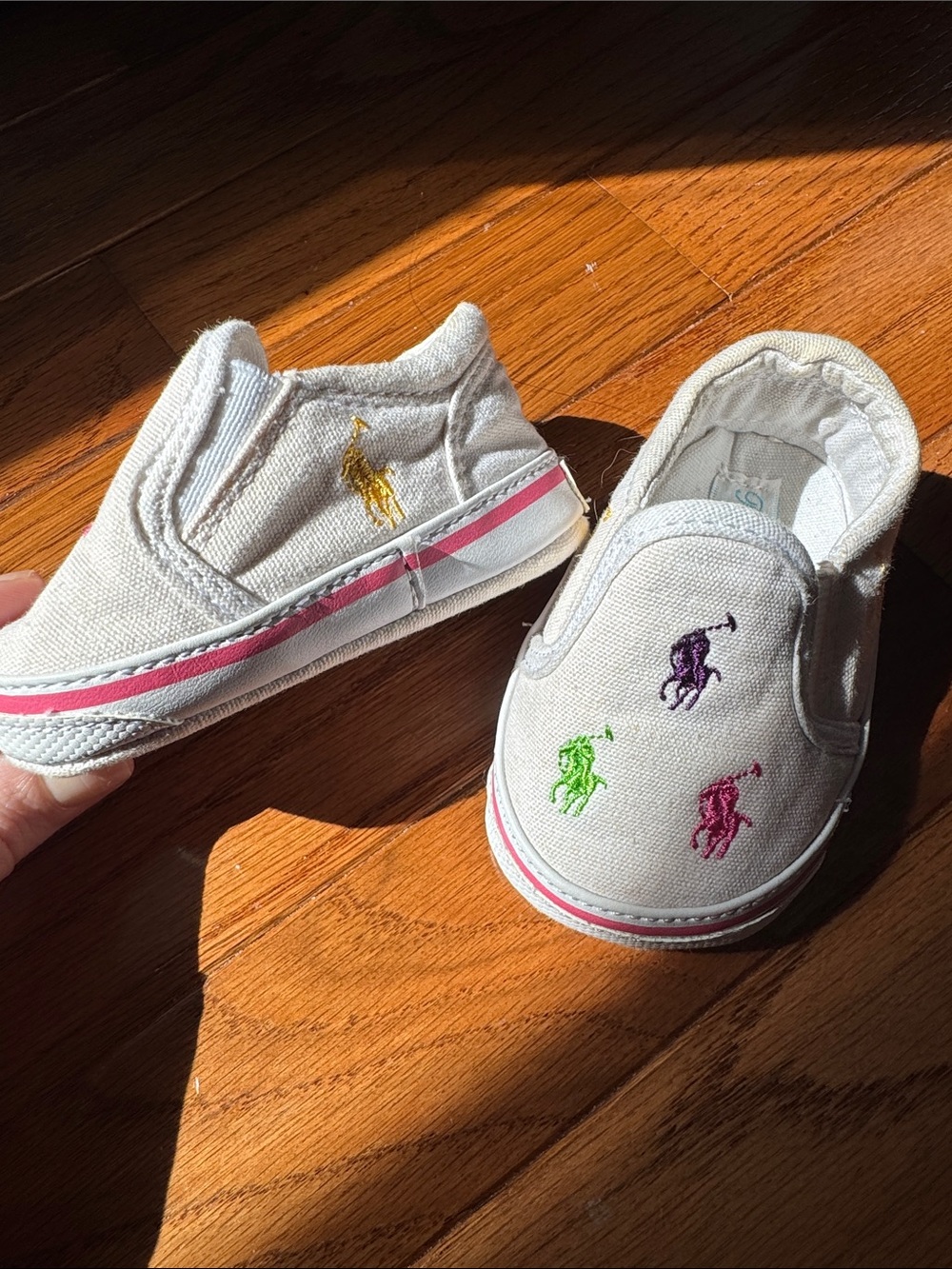 Ralph Lauren Kids White Canvas Slip-On Shoes with Multicolor Pony Embroidery